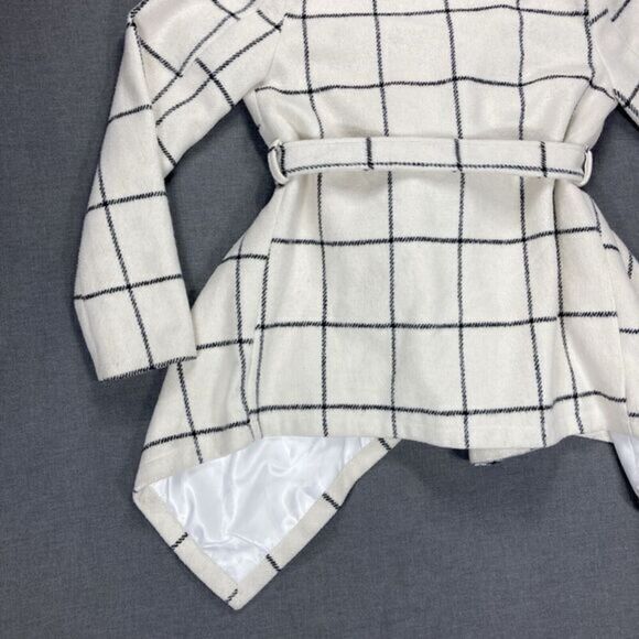 Chicwish Wool Blend Asymmetrical Coat XXS Ivory Grid Print Classic Belted Jacket - Picture 10 of 16